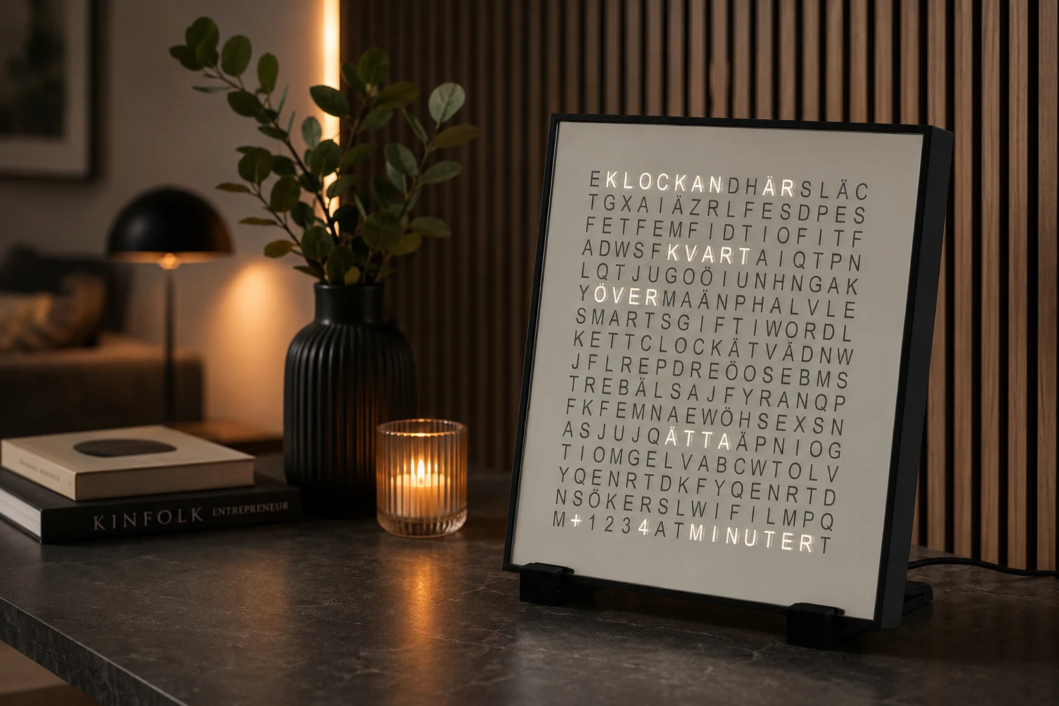 Smart-Gift LED-Wortuhr mit Spiegelglas in modernem Wohnraum