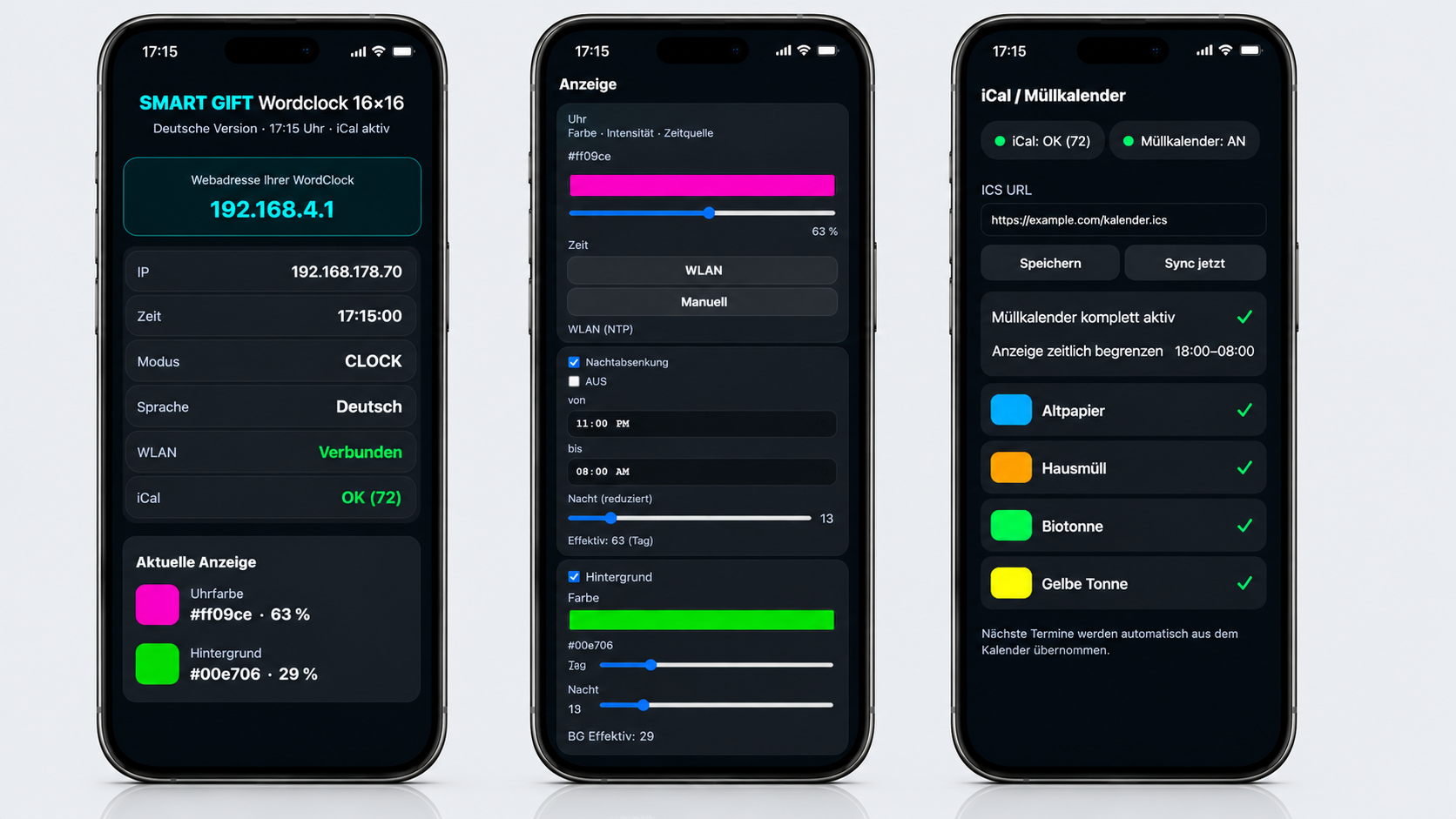 Drei Ansichten der SmartGift WordClock Weboberfläche auf Smartphones